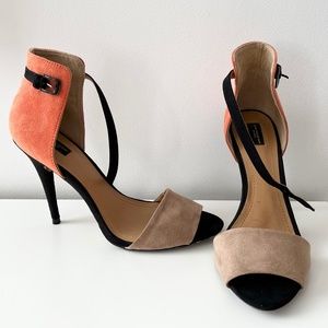 Zara cute black orange ankle strap suede open toed heels Size 8.5 / 39